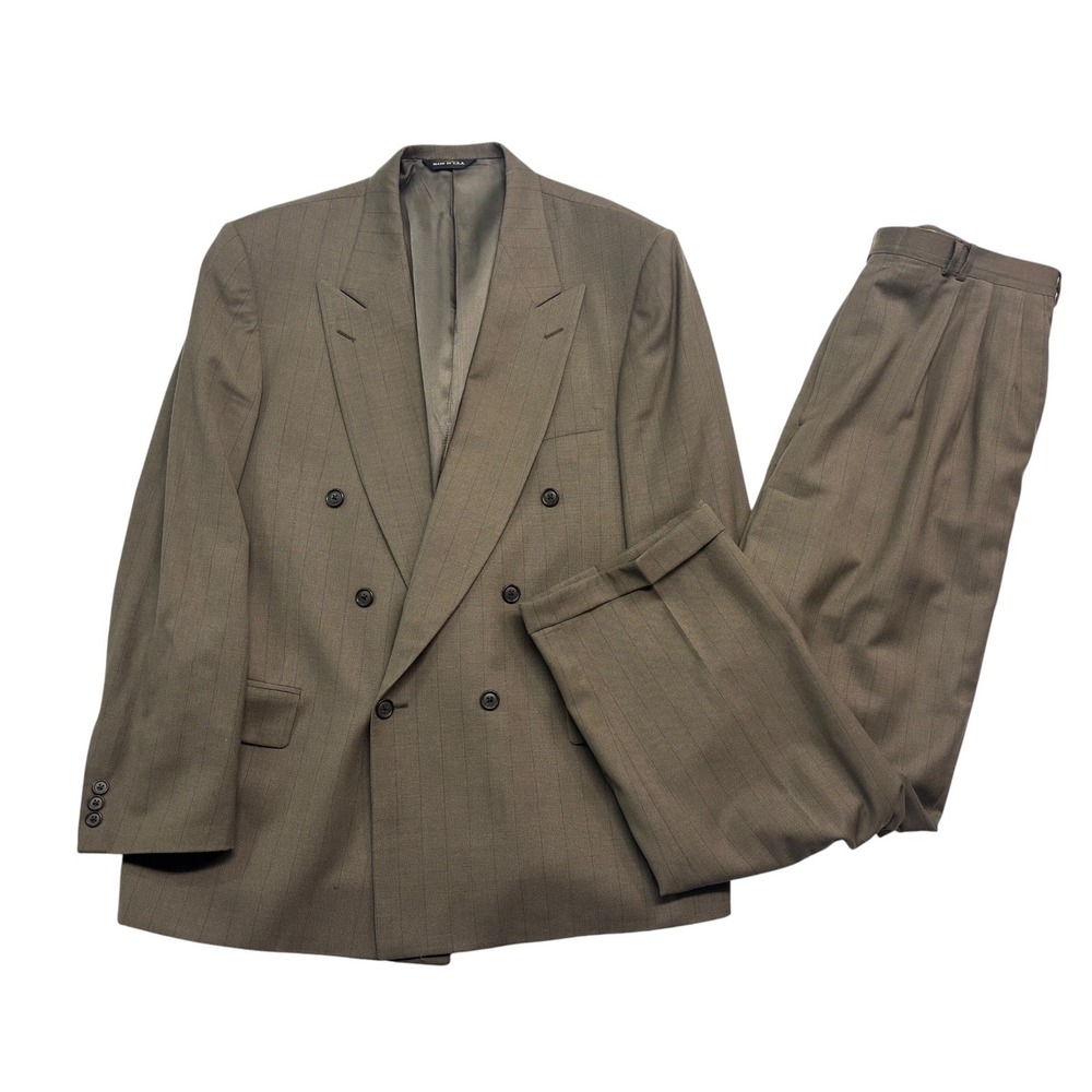 vtg 90s Perry Ellis 44L 38x32 Brown Chalk Stripe 2pc Double Breasted Suit USA